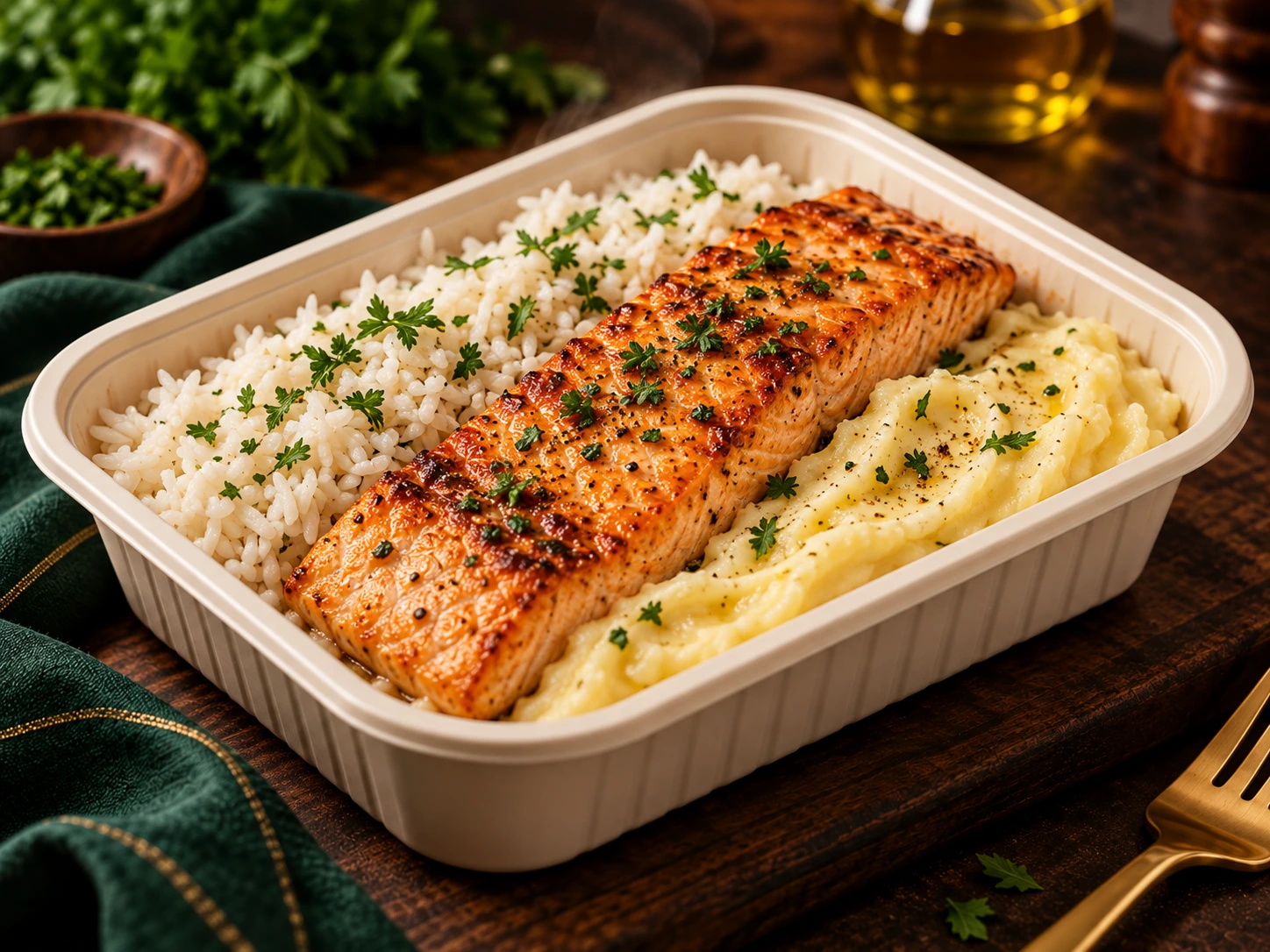 Prato de salmão com arroz e purê, apresentação gastronômica